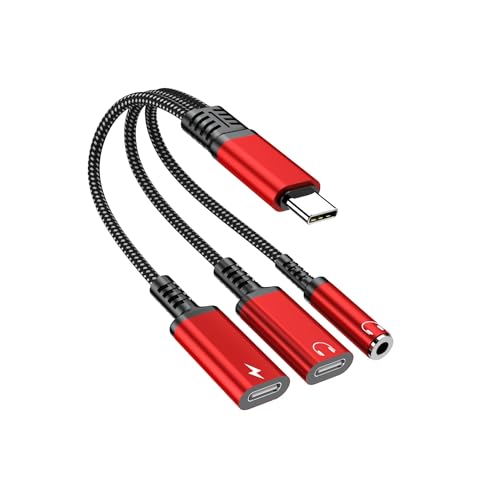 Criello USB-C to 3.5mm Headphone and Charger Adapter | 3 in 1 Dual Type C Splitter Charger Headphone Jack Dongle Compatible for iPhone 15/16/17 Pro/Max/Plus, iPad, Samsung (Red) - color: Red