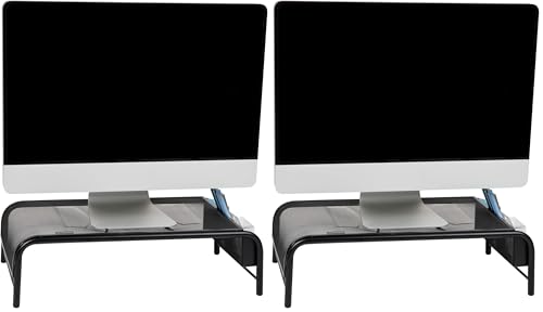 Mind Reader Monitor Stand, Ventilated Laptop Riser, Desktop Organizer, Side Storage, Metal Mesh, 20" L x 11.5" W x 5.5" H, Black (Pack of 2) - color: שחור