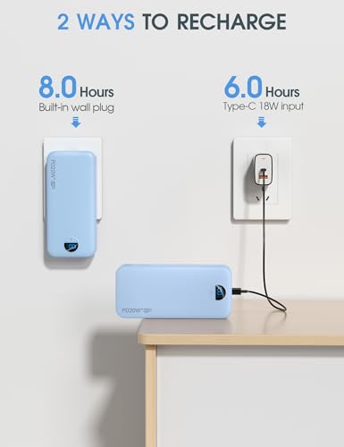 citicr Portable Charger 20000mAh PD20W w/Built-in Cables & Wall Plug Blue | High capacity, Fast charging, Built-in wall plug, LED display, Charge 5 devices at once, Pass through charging, TSA approved - color: Blue-20000mah