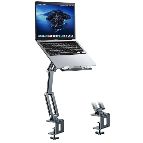 Laptop Stand Desk Mount, Aluminum Adjustable Laptop Arm with Tray | 360° Rotatable Ergonomic Computer Holder for 11-15 Inch Laptops & Tablets, Relieve Neck Strain for Sitting & Standing Work - color: Grayish Green