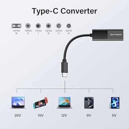 SinLoon PD 65W DC to USB C Cable DC 5521 Female to Type C Male Power Charging Cable with DC 5525 7450 7909 4530 4017 Square Converters Support 5V 9V 12V 15V 20V for Phone Tablet Laptop