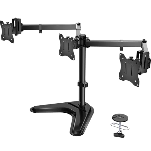 WALI Freestanding Triple Monitor Stand for 13-27 inch Screens，22lbs per Arm | Articulating 3 Monitor Desk Mount, Full Motion with Tilt, Swivel, Rotation, C-Clamp & Grommet Base, VESA 75/100mm (MF003N) - size: Triple, style: Steel Free Stand