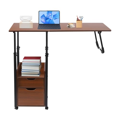 Overbed Table with Wheels, Movable Bedside Table Height Adjustable Over Bed Desk Foldable Rolling Laptop Desk with Drawers for Home & Hospital Use (Black+ Oak Color) - color: Black+ Oak Color
