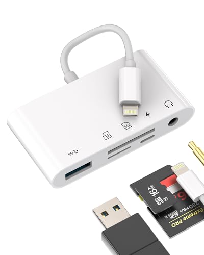 USB Micro SD TF Camera Memory Card Reader for Iphone(5 in 1)Lightning Cable Charger Dongle Apple MFI Certified 3.5mm Headphone Audio Jack Adapter Car AUX Cord Flash Drive Splitter OTG Hub Accessories - color: Lightning+USB+3.5mm+TF+SD