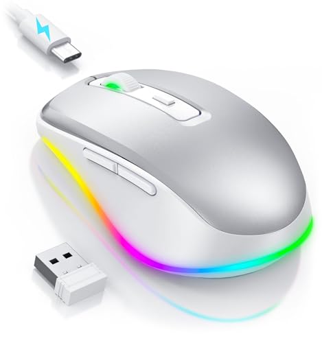 PEIOUS Wireless Mouse Jiggler - LED Wireless Mice with Build-in Mouse Mover, Rechargeable Moving Mouse for Laptop with Undetectable Random Movement Keeps Computers Awake - Silver - color: Silver
