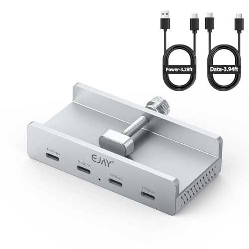 EJAY 10Gbps USB C Hub 4Ports Aluminum USB 3.2 Docking Hub Clamp Design for Desk/Computor with Extra Power Supply Port and 47inches Long Data Cable&39inches Power Cable (Silver) - size: with 4 USB C