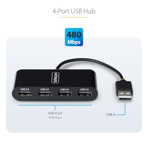 StarTech 4-Port USB 2.0 Hub with 6in/15cm Cable (ST4200MINI2-USB-HUB) | 480Mbps, USB Powered, Multi-port USB 2.0 splitter, Small travel mini hub, Portable, Hot-swap, Overcurrent protection
