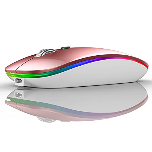 Uiosmuph LED Wireless Mouse, G12 Slim Rechargeable Silent Mouse - Rose Gold | 2.4GHz Optical, USB C Charging, Quiet Click, LED, Portable, 1600DPI, USB Receiver, Type C Adapter, Cordless, for Laptop/Mac - color: Rose Gold