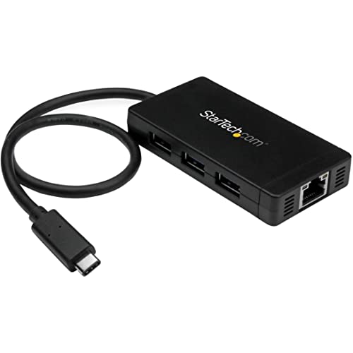 StarTech 3-Port USB-C Hub with Gigabit Ethernet and 3X USB-A, 5Gbps, TAA | Built-in 30cm USB-C cable, 3x USB-A, Fully powered connected devices, Desktop placement, Small footprint