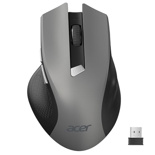 Acer Wireless Mouse for Laptop, 2.4GHz Computer Mouse 3 Adjustable 1600 DPI | Office Cordless USB Mice with USBA Receiver, 6 Buttons, Medium to Large Sized Hands Compatible with PC, Laptop, Desktop, Grey - color: Grey