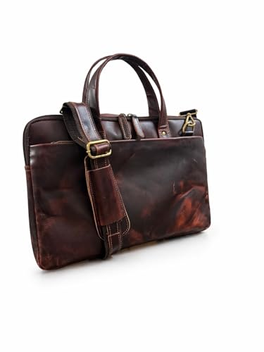 Genuine Leather Laptop Bag for Men & Women – 3 Compartment Briefcase with Padded Sleeve, 15.5 Inch Office Bag - color: Brown