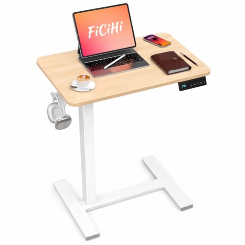 FiCiHi Electric Overbed Table, Adjustable Height Bedside Desk with Hidden Wheels, Rolling Sit-Stand Laptop Table for Bed, Couch, Sofa, Home Office & Hospital Use, (24" x 16", Maple) - color: Maple, size: 24 x 16"