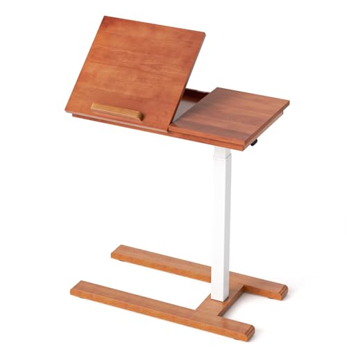 28" W x 16" D Tilt Desktop Overbed Table with H-Shaped Sturdy Base, Premium Rubberwood with 360° Concealed Casters, Moveable Bedside Table for Home,Office,Hospital Use (Wood) - color: Wood, style: Tilt