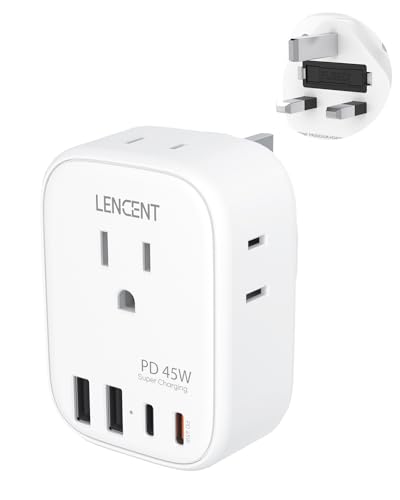 LENCENT US to UK Ireland Travel Plug Adapter, PD45W Grounded Type G Adapter | Travel Adapter with 4 Outlets 4 USB Ports(2 USB C), Power Plug for US to Dubai Scotland British London England Singapore - style: Type G-45W-UK Ireland