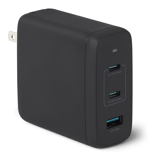 Amazon Basics 120W Fast Charging USB-C Nano GaN Wall Charger, 3-Port for Laptops, Tablets, Phones, Compact Travel-Friendly Size, Black - color: Black, style: 120 W Multi Port