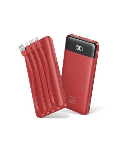 Orfeika 20000mAh Power Bank Fast Charging, Portable Charger with 4 Built-in Cables & 6 Outputs, 20W PD USB C Battery Pack Compatible with iPhone 16/15, Galaxy, Android, iPad & More (Travel Essential) - color: Red