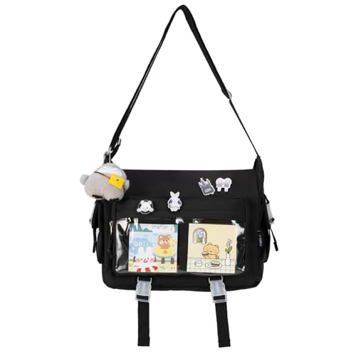 Kawaii Crossbody Ita Bag for Women with Pin and Plush Penguin, Cute Messenger Bag Japanese Crossbody Bag Y2K Purse - color: Black, size: Large-Fit Laptop