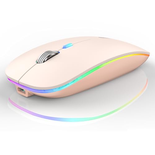 Uiosmuph LED Wireless Mouse, G12 Slim Rechargeable Silent Mouse - Nude Pink | 2.4GHz Optical, USB C Charging, Quiet Click, LED, Portable, 1600DPI, USB Receiver, Type C Adapter, Cordless, for Laptop/Mac - color: Nude Pink