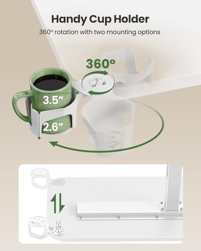Marsail 32×16″ Overbed Table with Hidden Wheels, Pneumatic Adjustable Bedside Table, Mobile Rolling Table with 360° Hideable Cup Holder, White - color: White, size: 32x16"