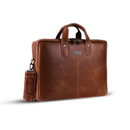 HAMMONDS FLYCATCHER Genuine Leather Laptop Bag for Men, Padded 15.6" Laptop Sleeve, Leather Messenger Bag for Men Briefcases - color: Metallic Tan
