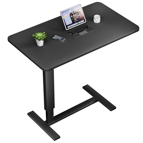 Adjustable Overbed Table with Wheels, Medical Bedside Table, Black | Alloy steel frame, 31.1"x15.3" walnut top, hydraulic 25.6-37.1", 50lb cap, C-base fits under bed, easy-clean, quiet casters - color: Black