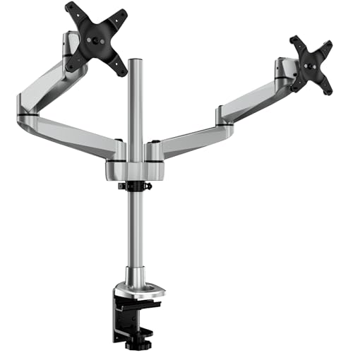Mount-It! CLiX Dual Monitor Desk Mount, 13-32", Silver | TAA-compliant full motion arms for 2 monitors up to 19.8 lbs each, VESA 75/100, C-clamp grommet, aluminum.