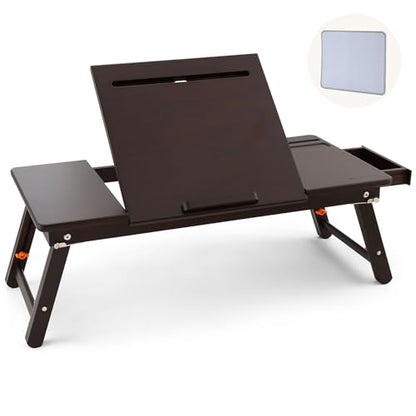 Nnewvante Bamboo Laptop Bed Desk, Adjustable Height & Angle, Black Walnut | With Drawer, Tablet & Phone Slots, Foldable Computer Lap Table, Breakfast Serving Tray for Bed Floor, 27.95" x 13.8" - color: Black Walnut