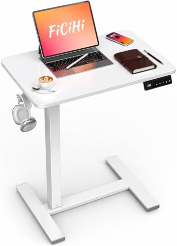 FiCiHi Electric Overbed Table, Adjustable Height Bedside Desk with Hidden Wheels, Rolling Sit-Stand Laptop Table for Bed, Couch, Sofa, Home Office & Hospital Use, (24" x 16", White) - color: White, size: 24 x 16"