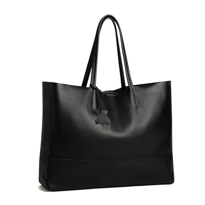 Italian Leather Tote Bag for Women - Large Shoulder Shopper, Fits 16” Laptop, Keychain Holder, Made in Italy - color: Black