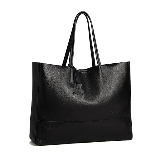 Italian Leather Tote Bag for Women - Large Shoulder Shopper, Fits 16” Laptop, Keychain Holder, Made in Italy - color: Black