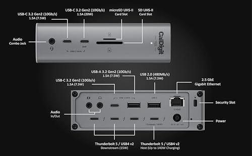 CalDigit TS5 Thunderbolt 5 Dock - 15 Port, 140W Charging, 80Gb/s TBT 5 x 4, USB-C 10Gb x 3, USB-A x2, 2.5Gb Ethernet, Dual 8K@60Hz Displays, SD & microSD UHS-II, 1m Braided Cable, Space Gray 240W PSU | Includes Thunderbolt 5 cable, rubber feet and 240W po