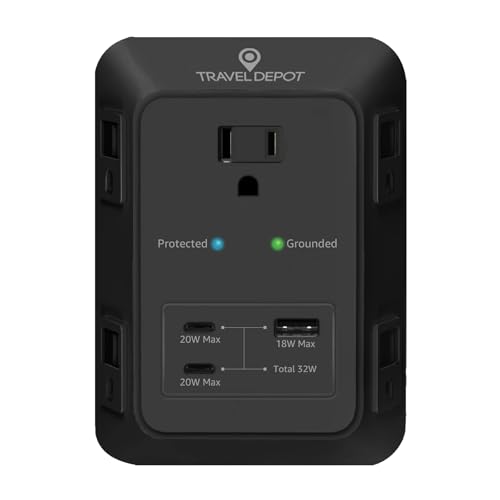 PD USB Wall Charger Surge Protector, 5 Outlet, (Black) | Extender 2 USB C & 1 USBA Charging Ports, Fast Charge 3 Sided Power Strip Multi Plug Outlets Wall Adapter for Home Office - color: Black