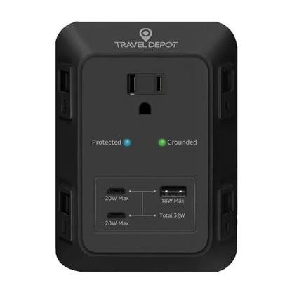 PD USB Wall Charger Surge Protector, 5 Outlet, (Black) | Extender 2 USB C & 1 USBA Charging Ports, Fast Charge 3 Sided Power Strip Multi Plug Outlets Wall Adapter for Home Office - color: Black
