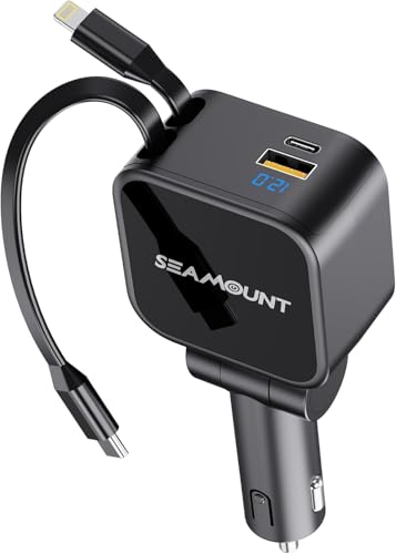 Seamount 4-in-1 Retractable Car Charger 109.5W | PD QC 3.0 Fast USB C Adapter with Voltage Display, Compatible with iPhone 17 16 15 14, MacBook, Android
