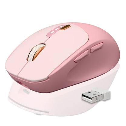 SEUNKWANG Dual-Mode Wireless Mouse with Visible Battery Indicator, Silent Rechargeable Bluetooth & 2.4G Computer Mouse, 1600 DPI, One-Click Privacy Key, Portable Mice for Laptop/PC/Mac - Rose Pink - color: Rose Pink