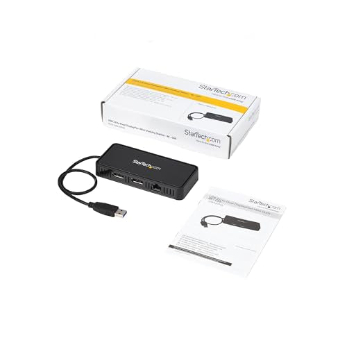 StarTech USB-A DisplayLink Dual 4K 60Hz DP Mini Dock, GbE, TAA (USBA2DPGB) | USB 3.0 mini docking station, DisplayLink, Gigabit Ethernet port, 1ft 30cm cable, Laptop adapter, Portable