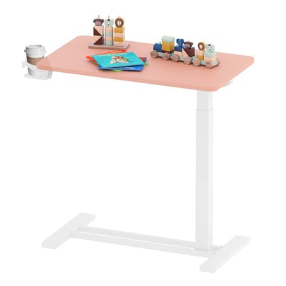 SANODESK Medical Adjustable Overbed Bedside Table with Hidden Casters, Pneumatic Mobile Laptop Computer Standing Desk Cart with Tray, Hospital and Home Use(27.6" W x 15.7" D, Pink) - color: Pink, size: Small