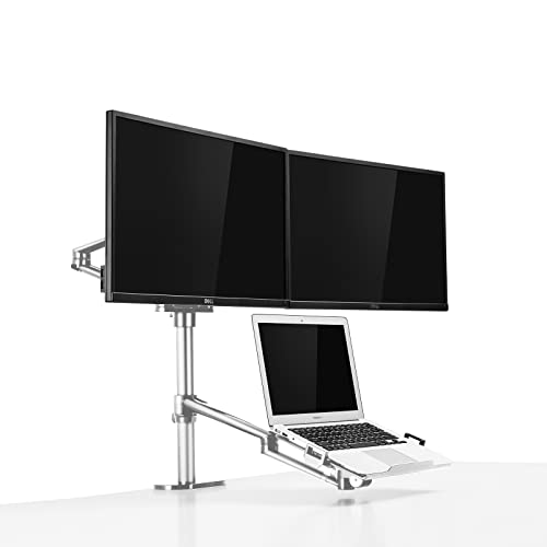 AEONS Dual Monitor and Laptop Desk Mount Combo Stand with Notebook Holder fits up to 17 inch, 3-in-1 Adjustable Triple Arm Mount fits 27 inch LCD Screen with VESA, Clamp and Cable Management, Silver - style: Triple Arm & Tray, Silver
