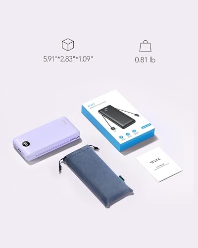 VRURC Portable Charger 20000mAh, Fast Charging Power Bank USB C,4 Output 2 Input Travel Essentials Charging Bank Equipped with LED Display,Built-in Wall Plug and Cables,Phone Charger Battery,Purple - color: Purple