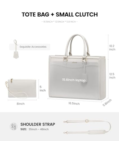 LOVEVOOK Laptop Tote Bag for Women, Leather Office Work Bag Briefcase fit for 15.6 inch Laptop, Large Teacher Computer Bag Handbag,2pcs Set Leather/Beige | PU Leather Business Briefcase Teacher Travel College Bag Handbag fit for 15.6 inch Laptop, Office P
