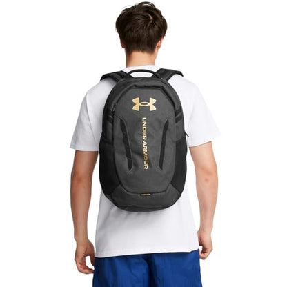 Under Armour Unisex-Adult Hustle 6.0 Backpack, (005) Black Full Heather/Black/Metallic Gold, One Size Fits Most - color: (005) Black Full Heather / Black / Metallic Gold, size: One Size