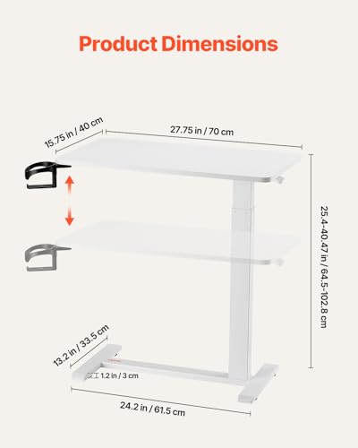 VEVOR Overbed Table, Over Bed Table with Wheels Adjustable Height, Mobile Hospital Bed Table, Rolling Laptop Desk with Fixed Top & Cup Holder, Portable Over Bed Desk for Home, Office, Study, White - color: White, style: Fixed Desktop