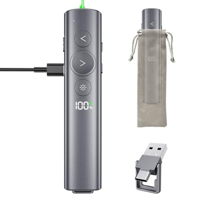 Rechargeable Presentation Clicker with Green Laser Pointer for PowerPoint, Power Display Wireless Presenter Remote with USB-A & USB-C Dongle, Slide Advancer for Mac, Windows, Laptop, Classroom, Office - style: Green Laser & Power Display
