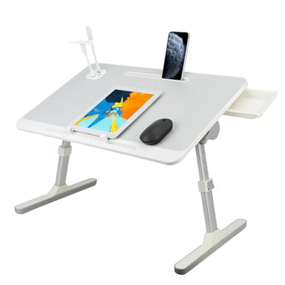 Laptop Desk for Bed, Adjustable Laptop Bed Table, Portable Lap Desk with Foldable Legs, Bed Table with USB Light and Fan, Laptop Bed Tray Table for Sofa Eating Working Writing