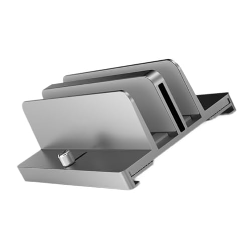 Aluminum Alloy Vertical Laptop Stand Adjustable Dual-Slot Desk Organizer for Notebooks and Tablets Space-Saving Gray Holder for Home and Office
