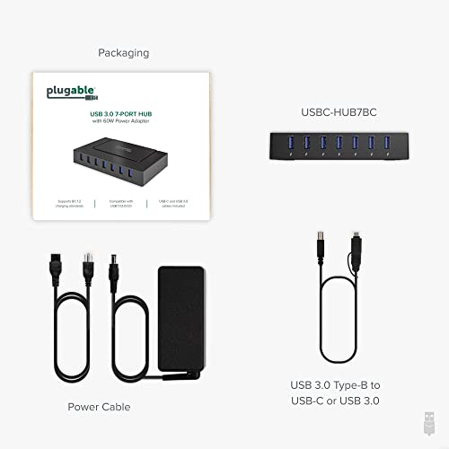 Plugable 7-in-1 USB Powered Hub for Laptops with USB-C or USB 3.0 - Power Station for Multiple Devices and Data Transfer with a 60W Power Adapter, Driverless