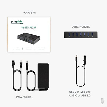 Plugable 7-in-1 USB Powered Hub for Laptops with USB-C or USB 3.0 - Power Station for Multiple Devices and Data Transfer with a 60W Power Adapter, Driverless