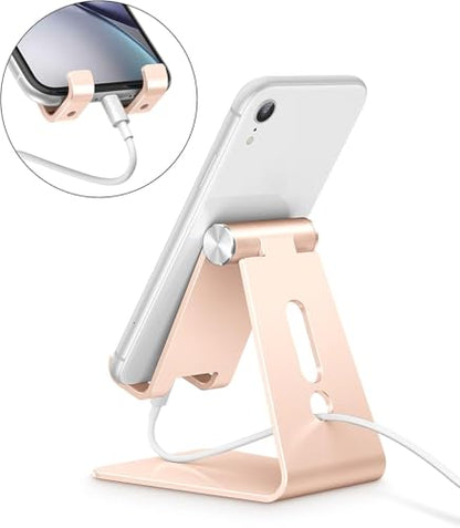 OMOTON Adjustable Cell Phone Stand, C2 Aluminum Desktop Phone Dock Holder Compatible with iPhone 15 14 13 Pro, SE, XR, 8 Plus 7 6, Samsung Galaxy, Google Pixel and More, Gold | Sturdy 3mm Aluminum, Charging Port, 270° Adjustable, Non-Slip Silicone Pads, W