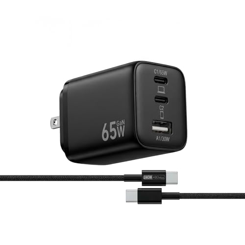 65W USB C Charger Block, 3-Port GaN III Fast Charger, Foldable Wall Charger with 6FT 240W Braided Cable Compatible iPhone 17Pro/16, Mac Book NEO/Air/Pro, ipad Air/Pro, Galaxy S25Ultra/24, Pixel9/8.
