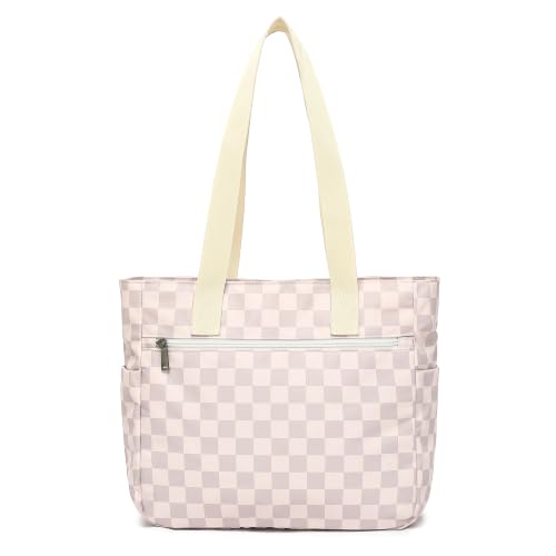 Women Tote Bag With Muti-Pockets,Lightweight Shoulder Bag,Large Capacity Handbag for Travel, Work, Gym - color: Lavender Grey Checkered